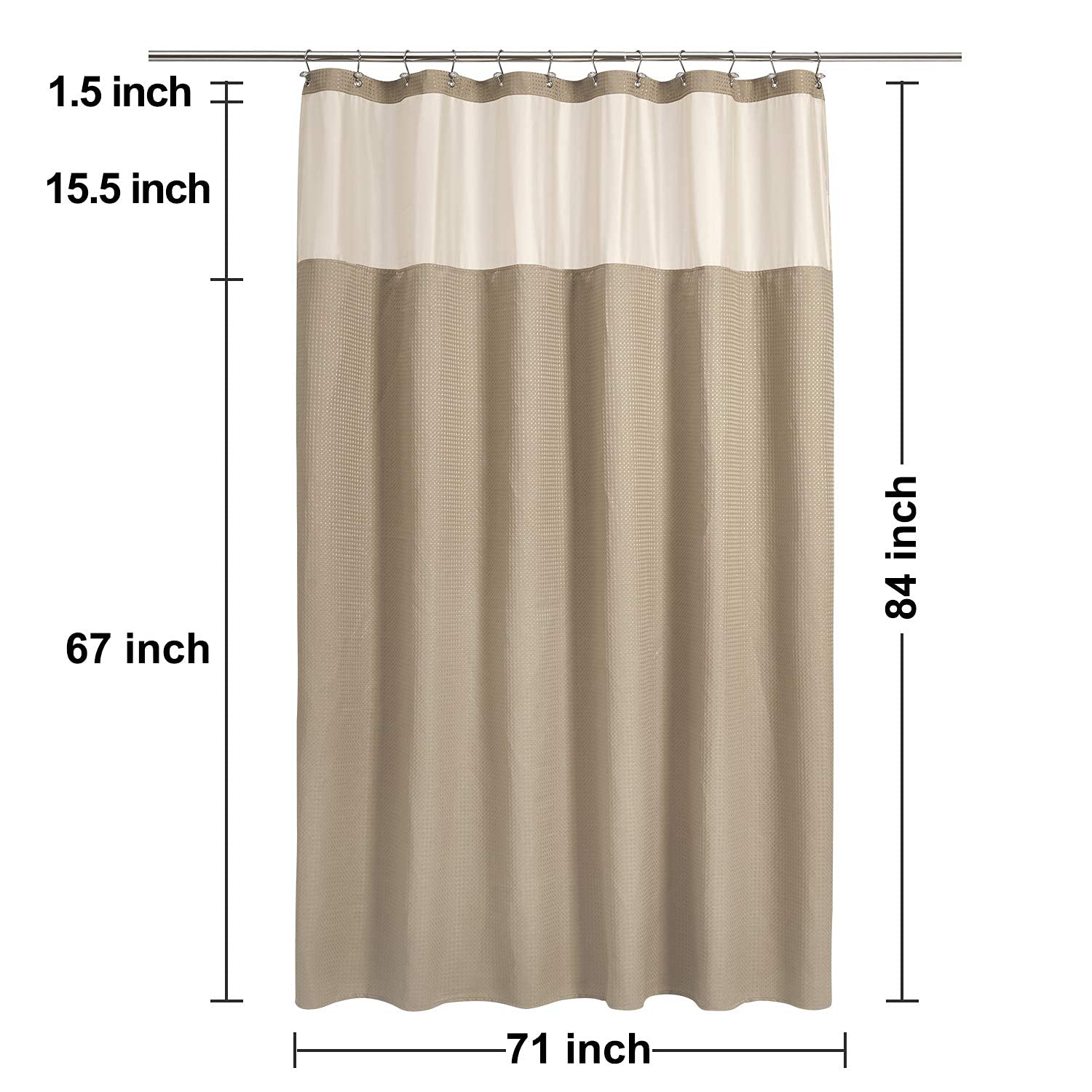 N&Y HOME Juego de Cortina de Ducha extralarga de Punto gofre con Forro Abotonado y 12 Ganchos, Estilo Hotel, Ventana Superior de Malla, Lavable a máquina y Resistente al Agua, Lino Beige
