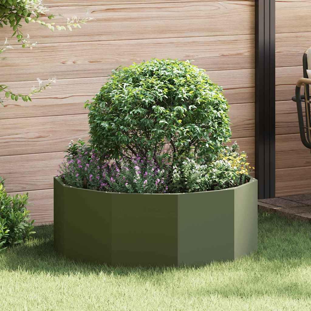 Pflanzkübel Olivgrün rund 90x90x35 cm aus Stahl Robustes Blumentopf Groß Outdoor für Garten Terrasse Balkon Modernes Design