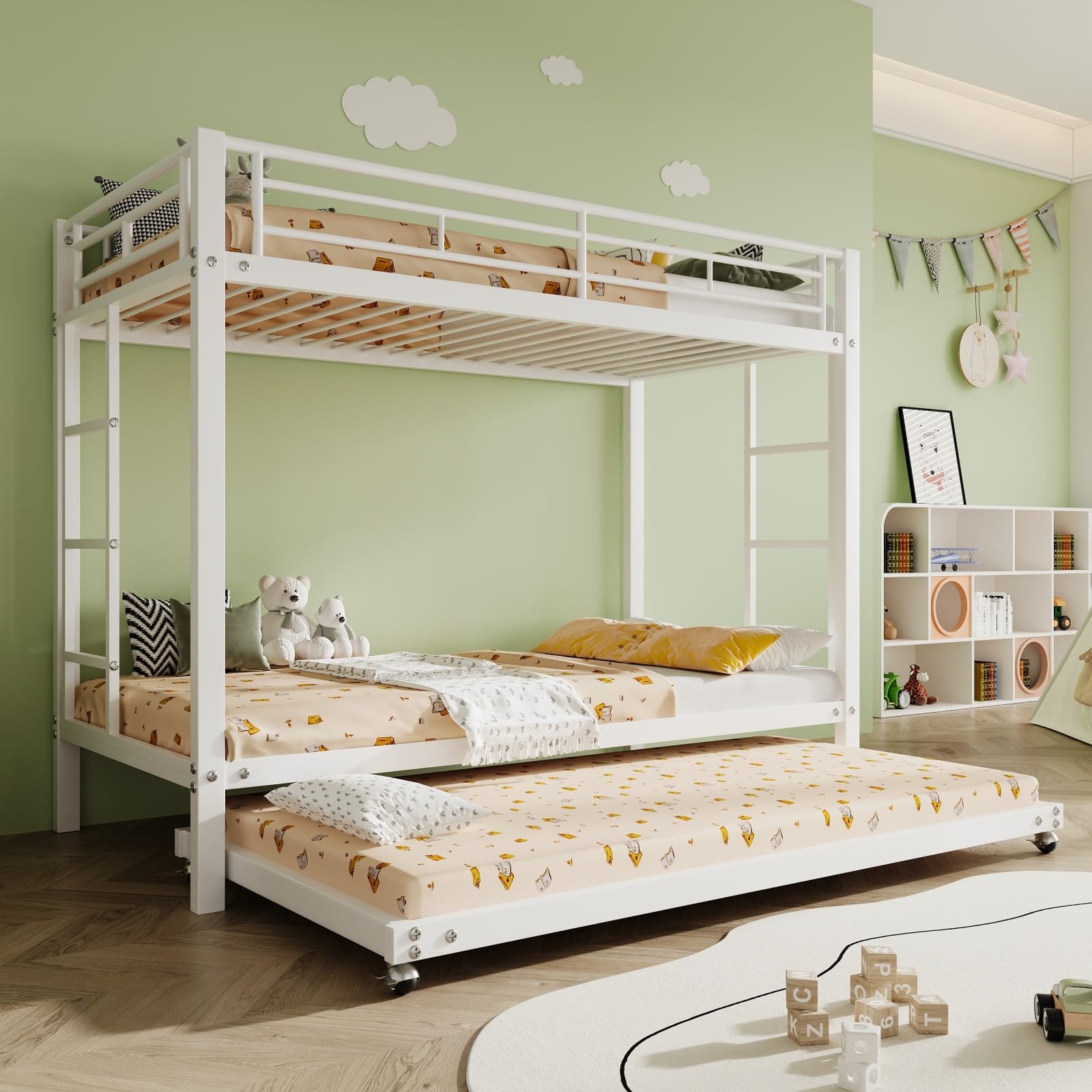 YEHTOKHOME Litera de 3 plazas 90 x 190 de metal con cama Gigogne, Convertible en 3 camas individuales, escalera antideslizante, barreras de seguridad, para adolescentes (sin colchón)(blanco, C)