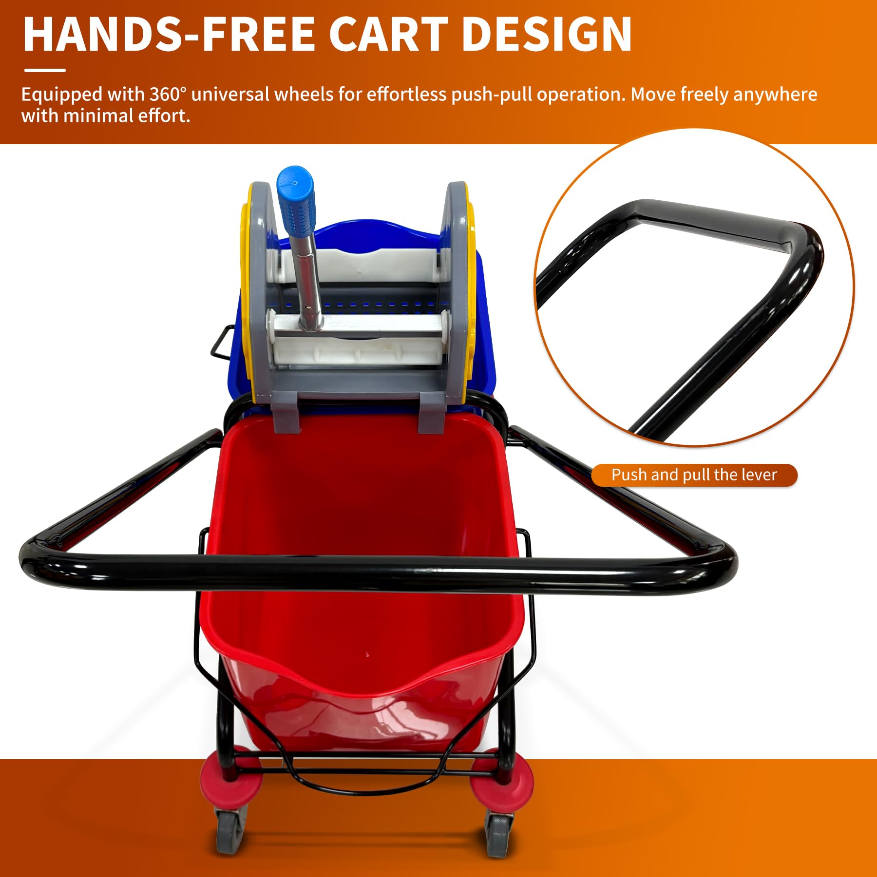 Cubo industrial para fregona de 6.5 galones de capacidad, carrito de fregona doble con escurridor, carros rodantes con ruedas, fregona giratoria y cubo (revestimiento en polvo, prensa de