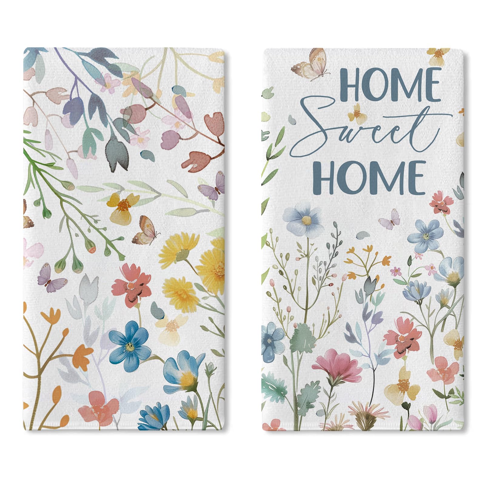 Photo 1 of Croar Spring Summer Floral Kitchen Dish Towels Set of 2, Watercolor Flower Butterfly Drying Hand Towel Baking Cooking Cloth, Home Sweet Home Wildflower Family Bathroom Decoration 18'' x 26''