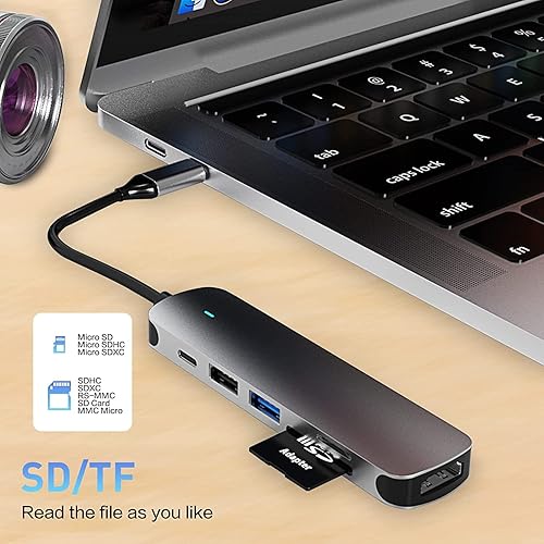 Miniatura 6 de Hub USB C, adaptador USB C 6 en 1 con USB 3.0, 4K-HDMI, conexión USB CPD, lector de tarjetas SDTF, estación de acoplamiento compatible con MacBook
