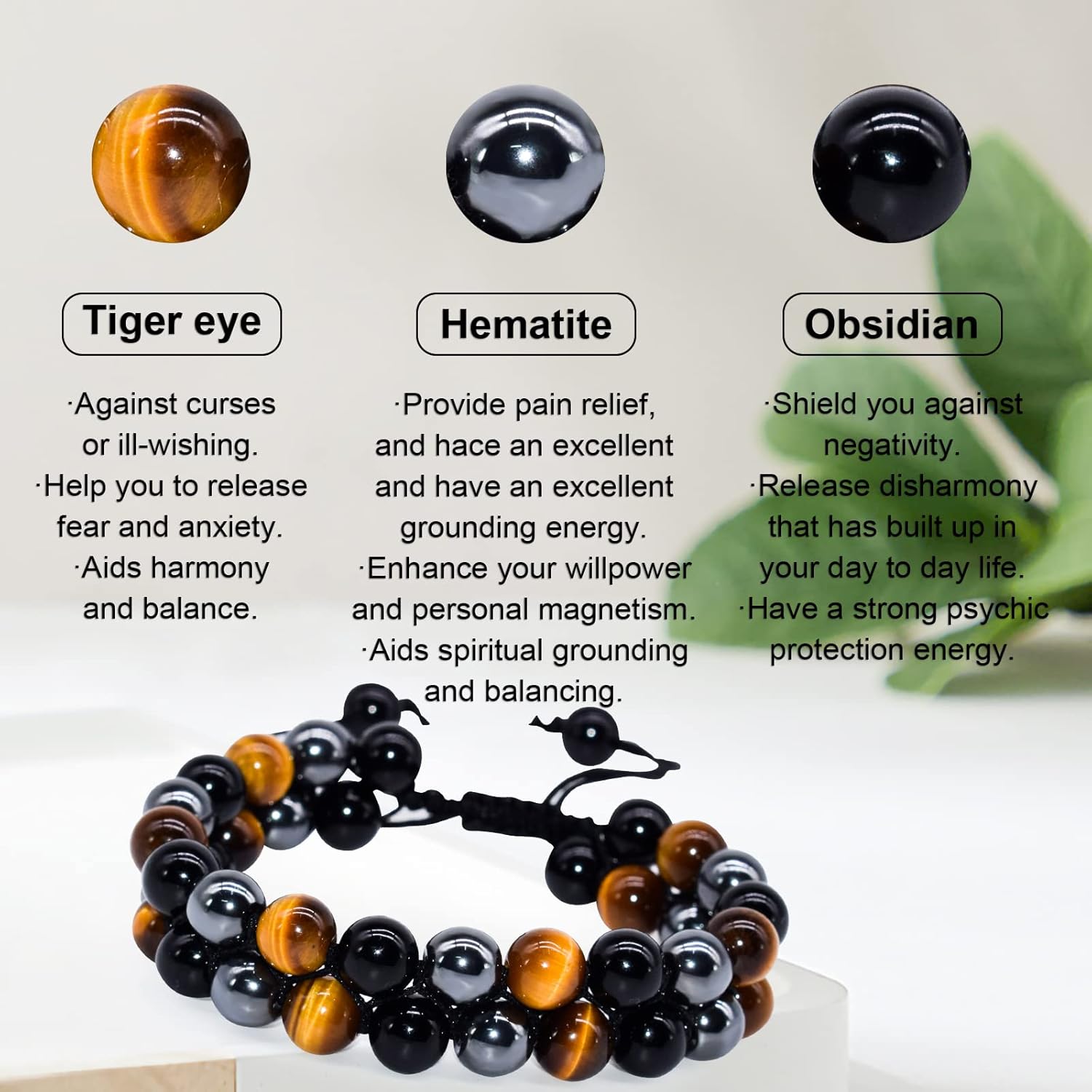 Triple Protection Bracelet,Made by hand Crystal Bracelet for Men Women Tiger Eye Beads Hematite and Black Obsidian Natural Stone 8mm Healing Bracelets Good Luck Prosperity Happiness - Image 3