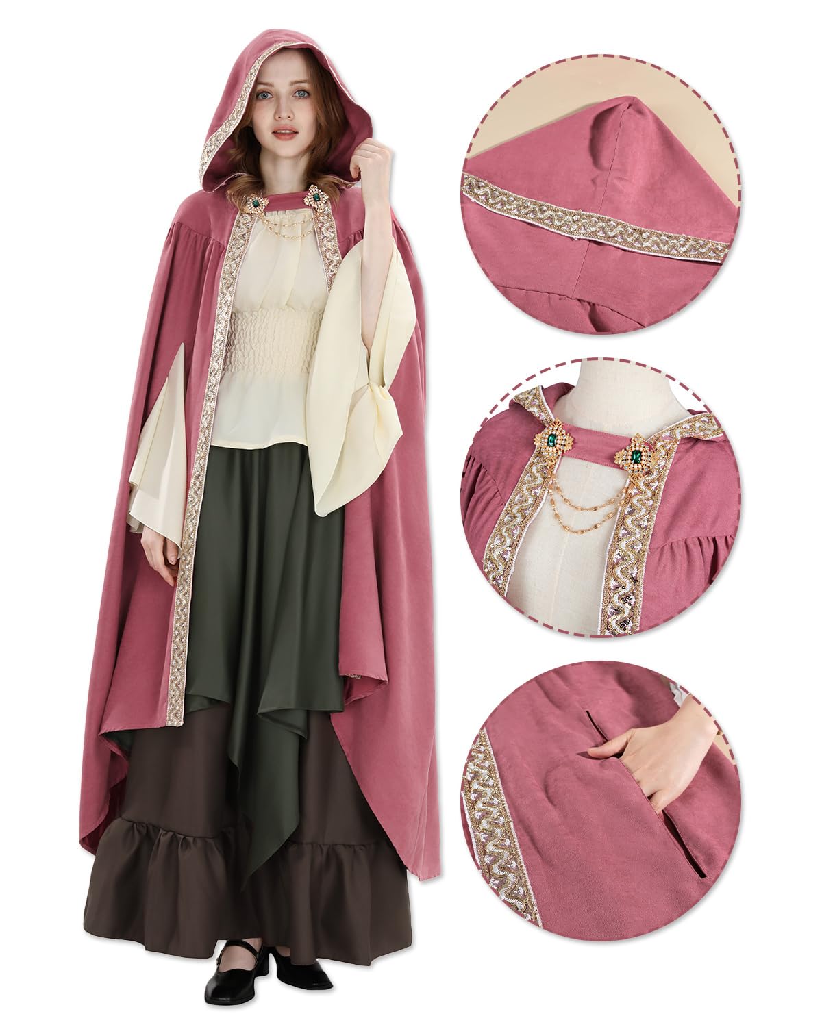 Fiamll Mittelalter Umhang Damen Kapuze Mantel mit Manschette Einfarbige Trenchcoat Renaissance Vampir Umhang Cape Halloween Kostüm