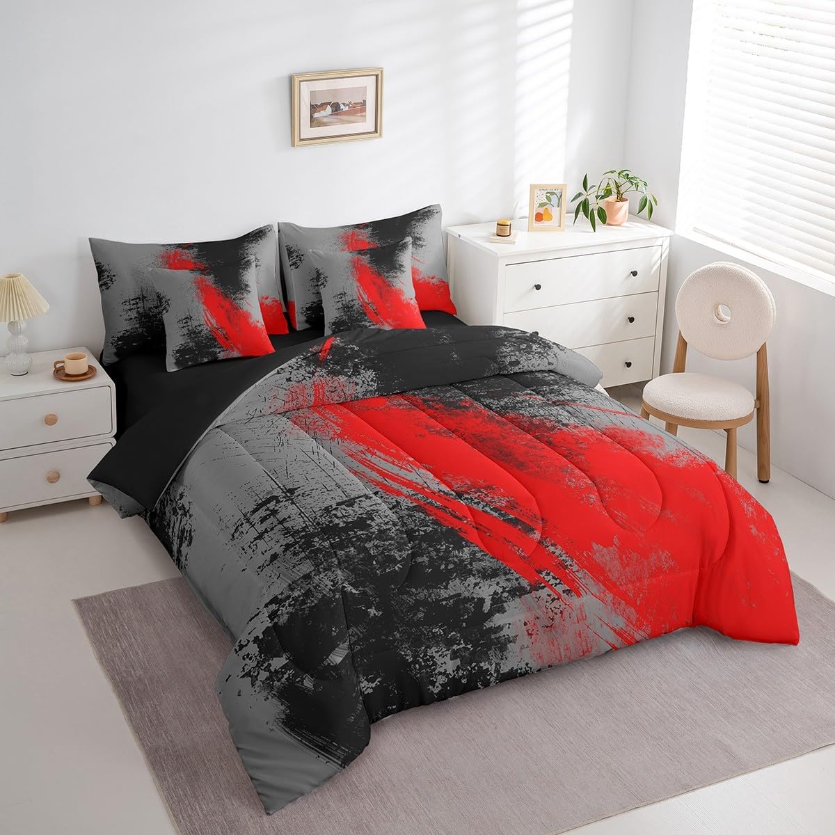 Feelyou Red Grey Black 7 Piece Bedding Set Queen Size Kids Abstract Bed Set Includes Comforter, Sheet Set, Pillowcases & Pillow Covers Geometric 7 Piece Bedding Set Modern Art