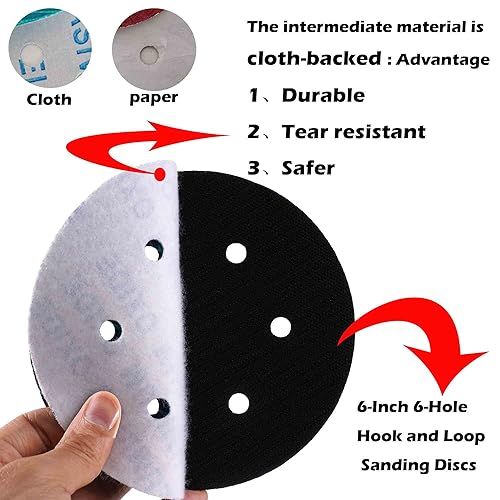 Miniatura 4 de Lijadora de órbita aleatoria de 6 pulgadas, 6 agujeros, papel de lija con gancho y bucle, con respaldo de tela, grano 400, rombo azul, papel de