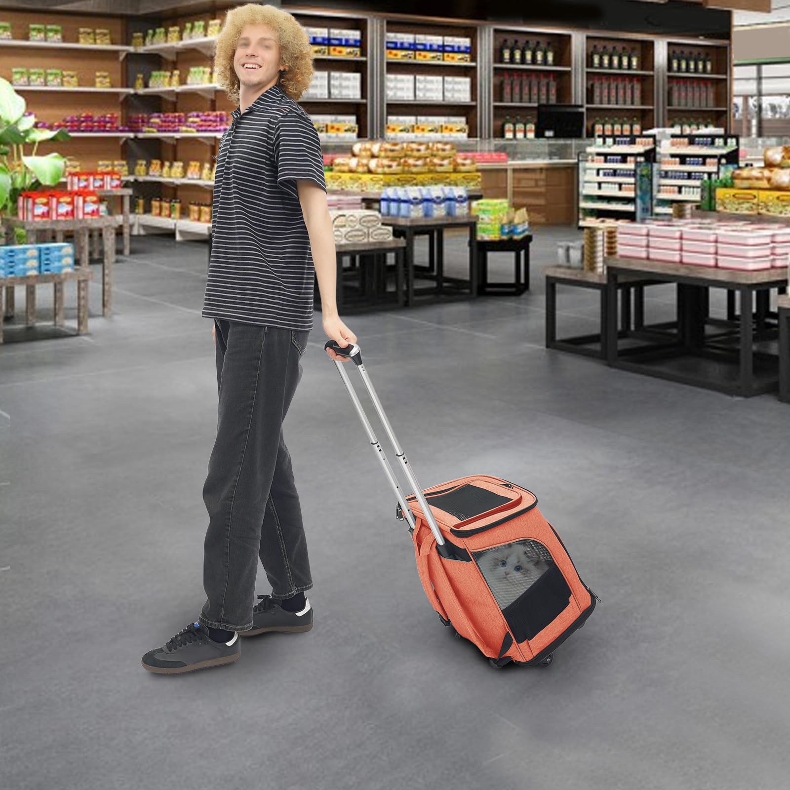 Zaino per animali domestici con ruote, zaino per cani con trolley 2 in 1 fino a 9 kg, zaino trolley per cani e gatti (arancione)