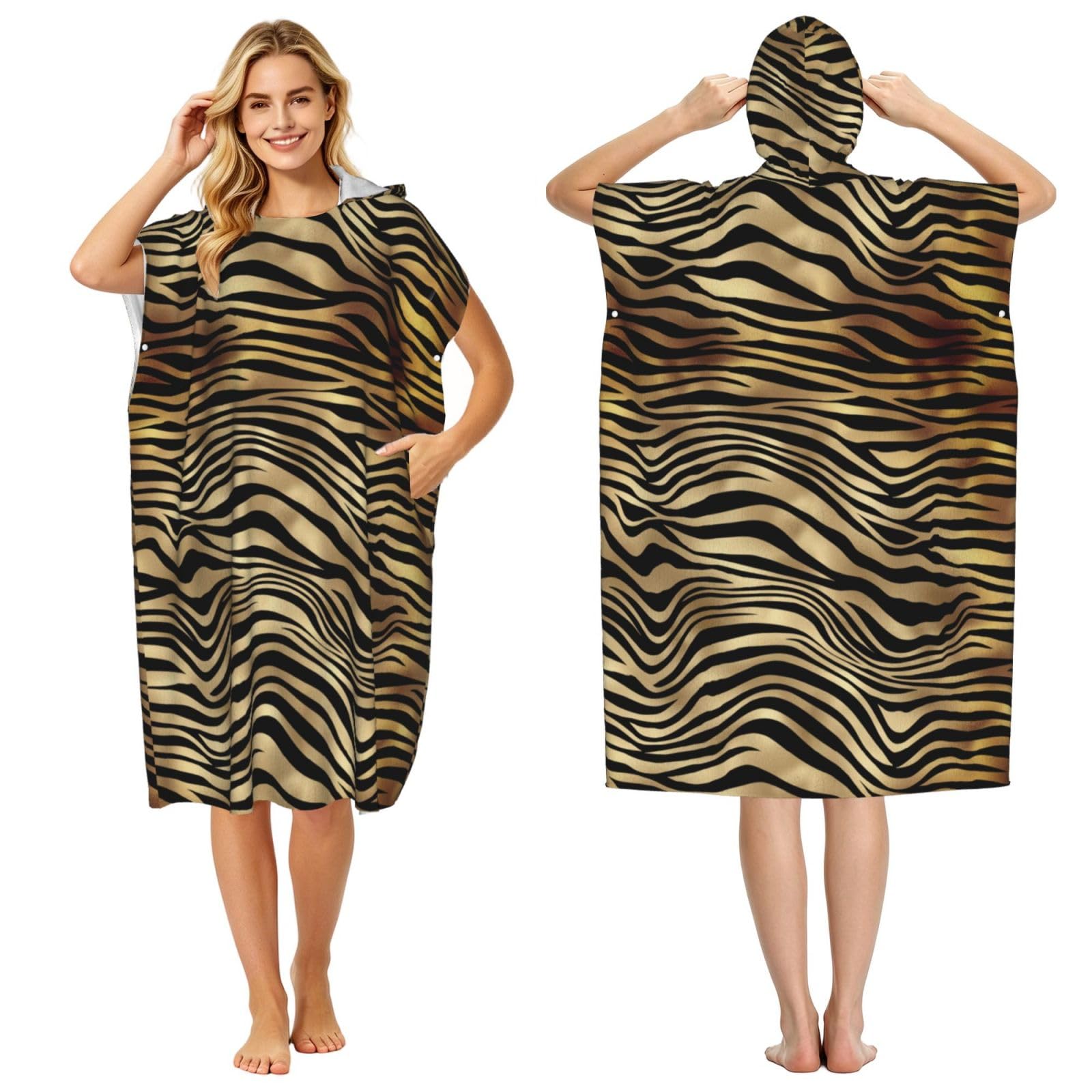 Poadnly African Black Gold Zebra Animal Skin Sepia, Adult Hooded Beach Towel 90 x 110 cm,Changing Bath Robe, Surf Poncho Towel For Women Men