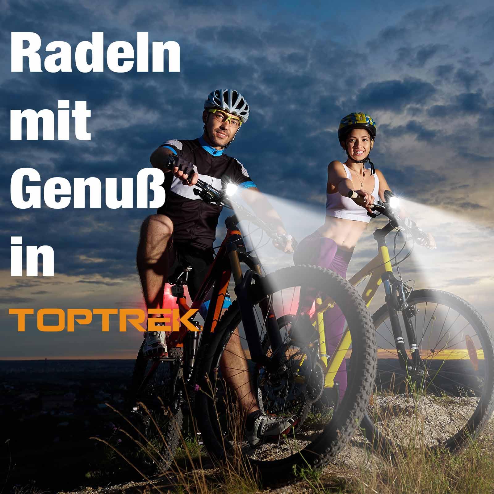 toptrek Zestaw świateł rowerowych 100 luksów, zestaw oświetlenia rowerowego, ładowany przez USB, lampa rowerowa, dopuszczona do ruchu drogowego (obowiązują przepisy lokalne), zestaw świateł rowerowych