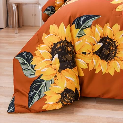 Miniatura 4 de NTBED Juego de edredón de girasoles amarillo floral botánico de microfibra de 3 piezas para niñas, adolescentes y mujeres (naranja tostado, King)