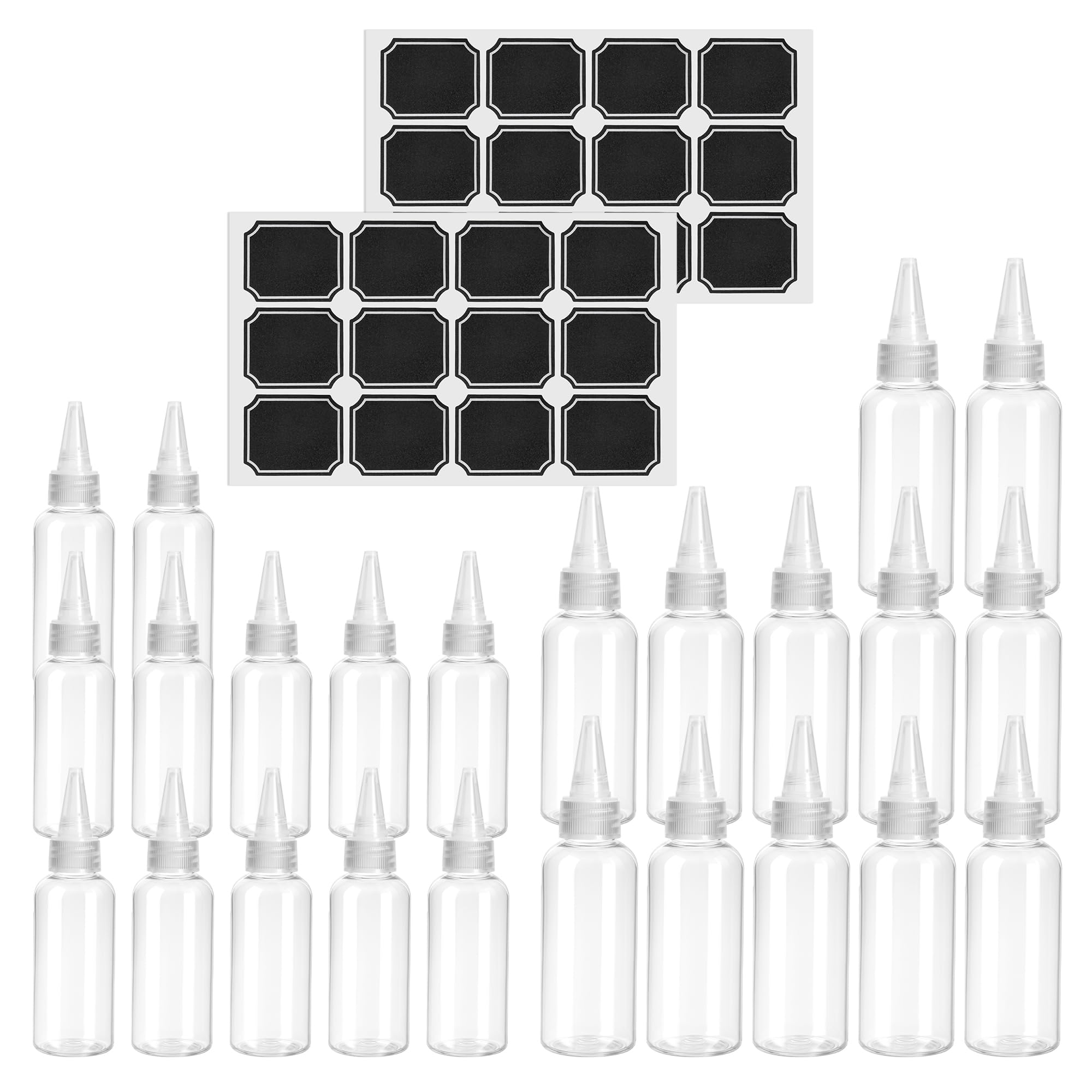 WeeGoo 24 Pcs 30ml/60ml Clear Squeeze Bottles, Plastic Condiment Bottles with Nozzles, Small Plastic Squeezy Sauce Bottle with Labels for Sauce Oil Paint Crafts
