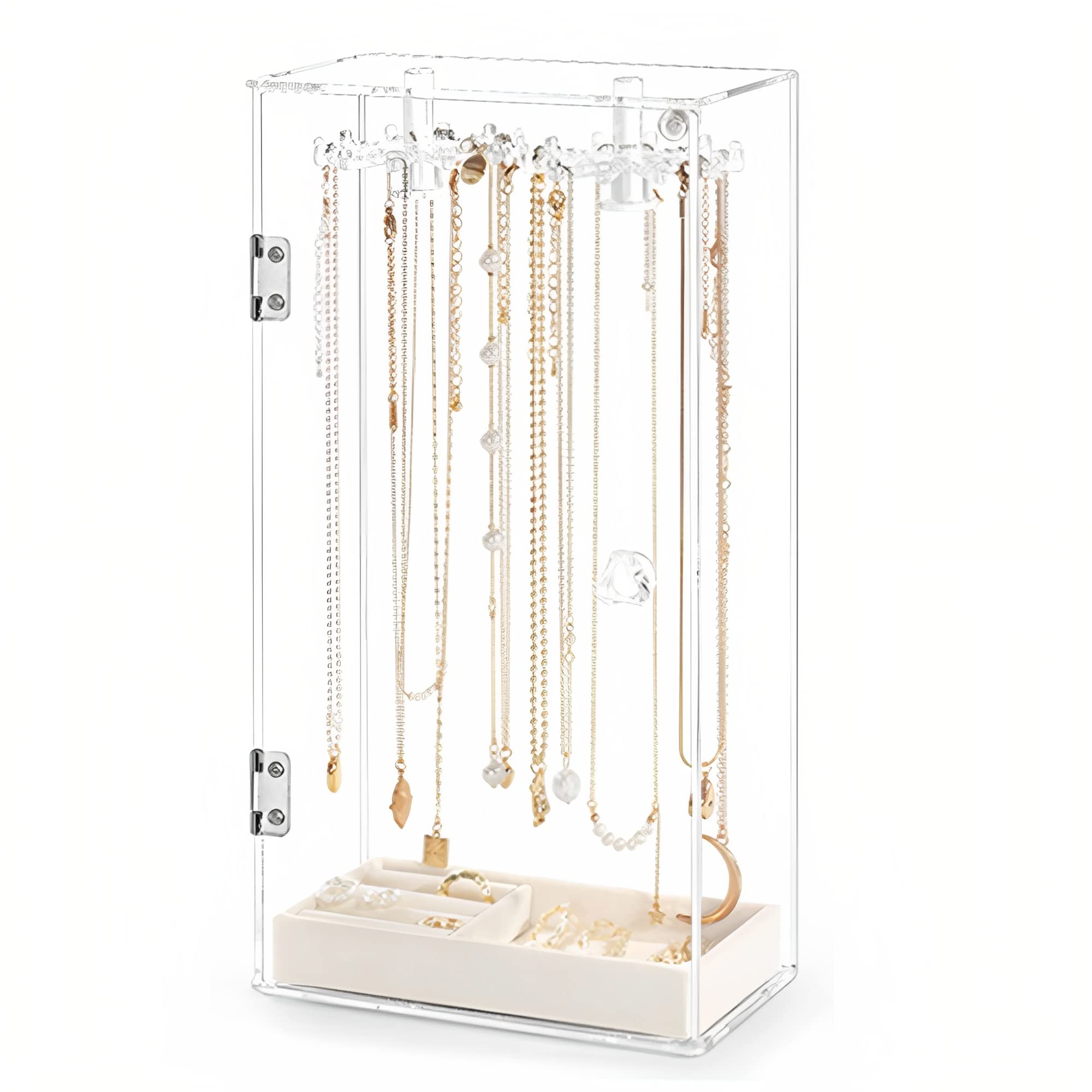 Beauenty Necklace Holder,Acrylic Jewelry Organizer with 24 Hooks,Rotation Necklace Organizer Display Case Stand for Necklaces Pendant Bracelets, jewelry Tray Hanging Rack Storage for Earrings Rings