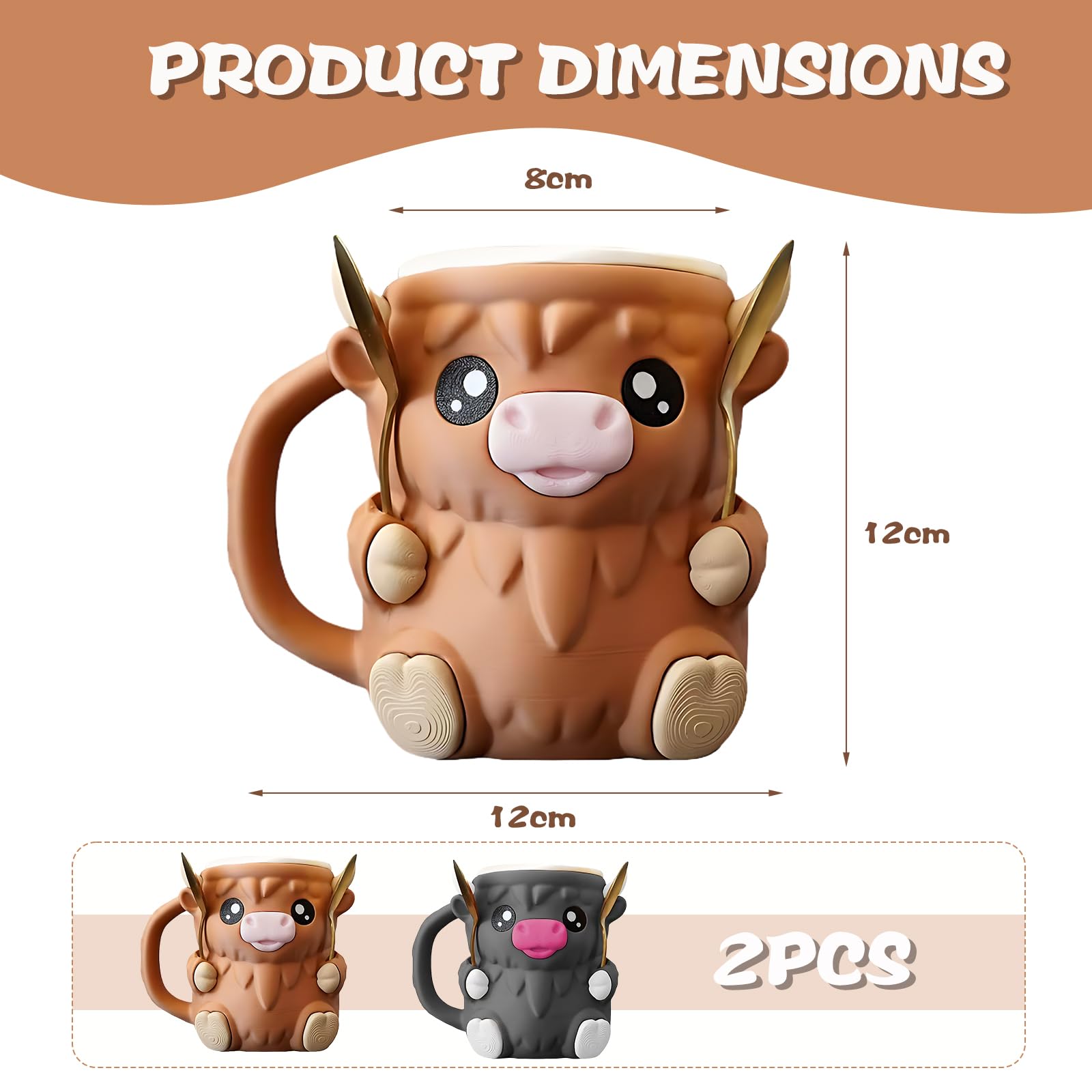 2 Stück Highland Cow Ice Cream Holder,Bezauberndes Eisbecher Halter,3d Printing Eiscreme Pint Halter,Inklusive 4 Löffeln,Geeignet Für Den Hausgebrauch,Picknicks,Partys Und Camping