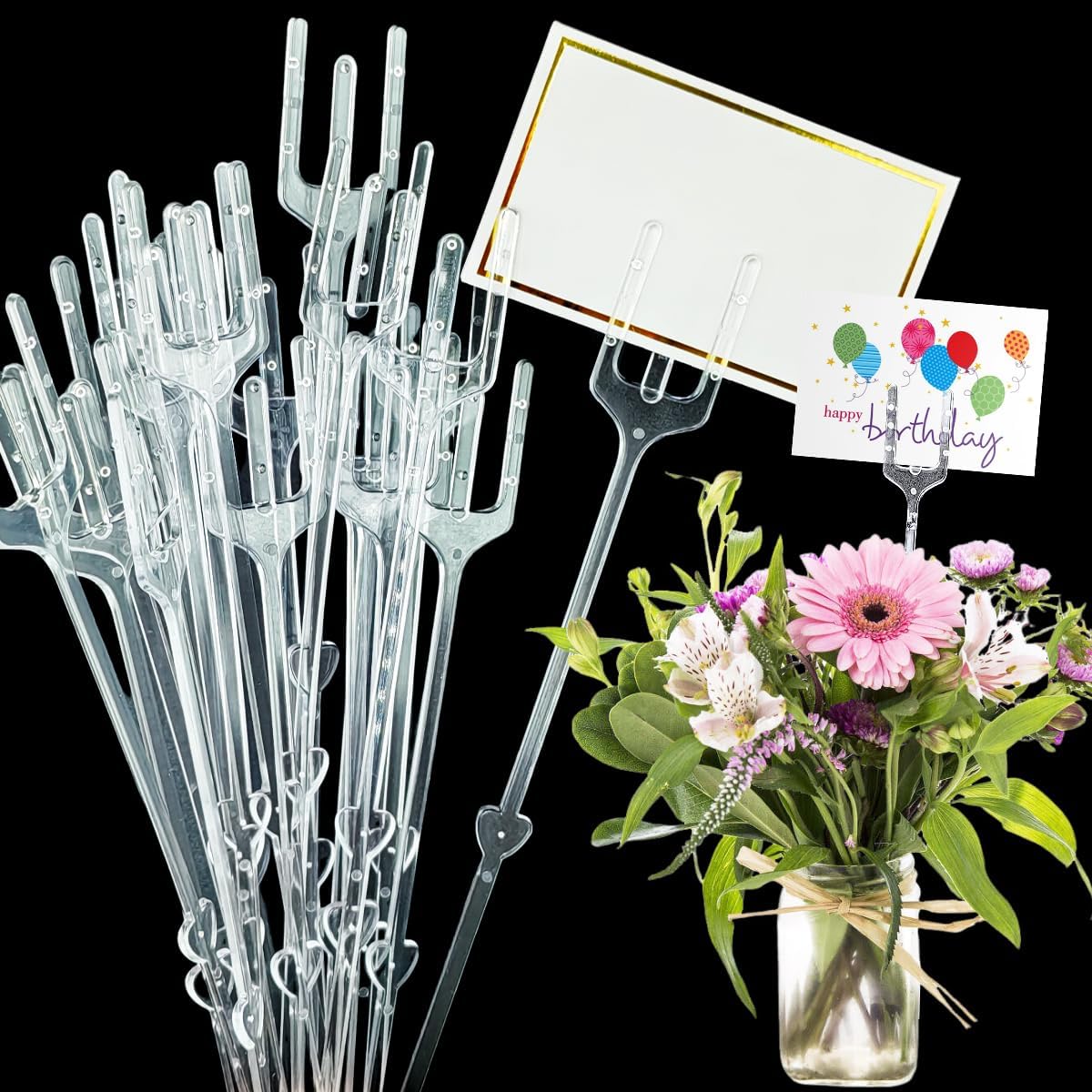 60 Pieces Floral Card Holder Picks 9.4inch Plastic Floral Picks Transparent Fork Shape Straight Head Place Card Holder for Arrangement Bouquet Wedding Decor(Fork Shape)