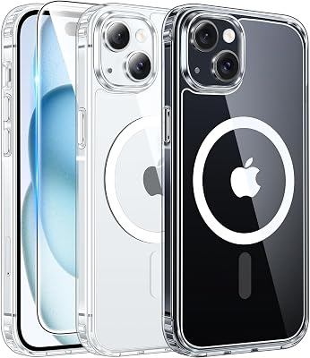 FNTCASE for iPhone 15 Case Clear: iPhone 14/13 Case Magnetic Phone Cases with Screen Protector Compatible with Magsafe Slim Anti Yellowing Rugged Protective Transparent Cell Cover (A-Clear)
