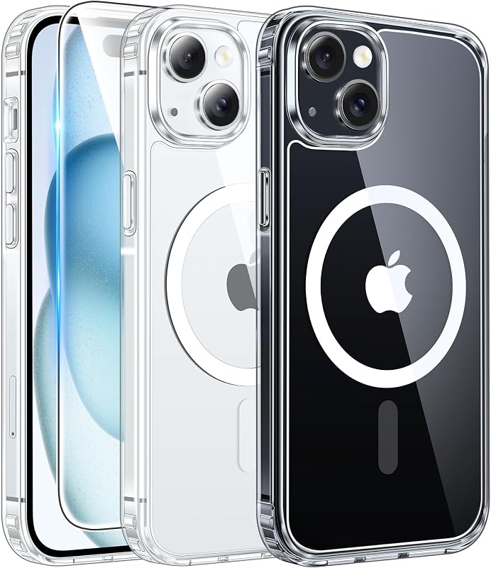 FNTCASE for iPhone 15/14/13 Case Compatible with Magsafe Clear Phonecase | Screen Protector, Military Grade Drop Protection, Slim Magnetic Phone Cases, Shockproof Bumper, Transparent Cell Cover