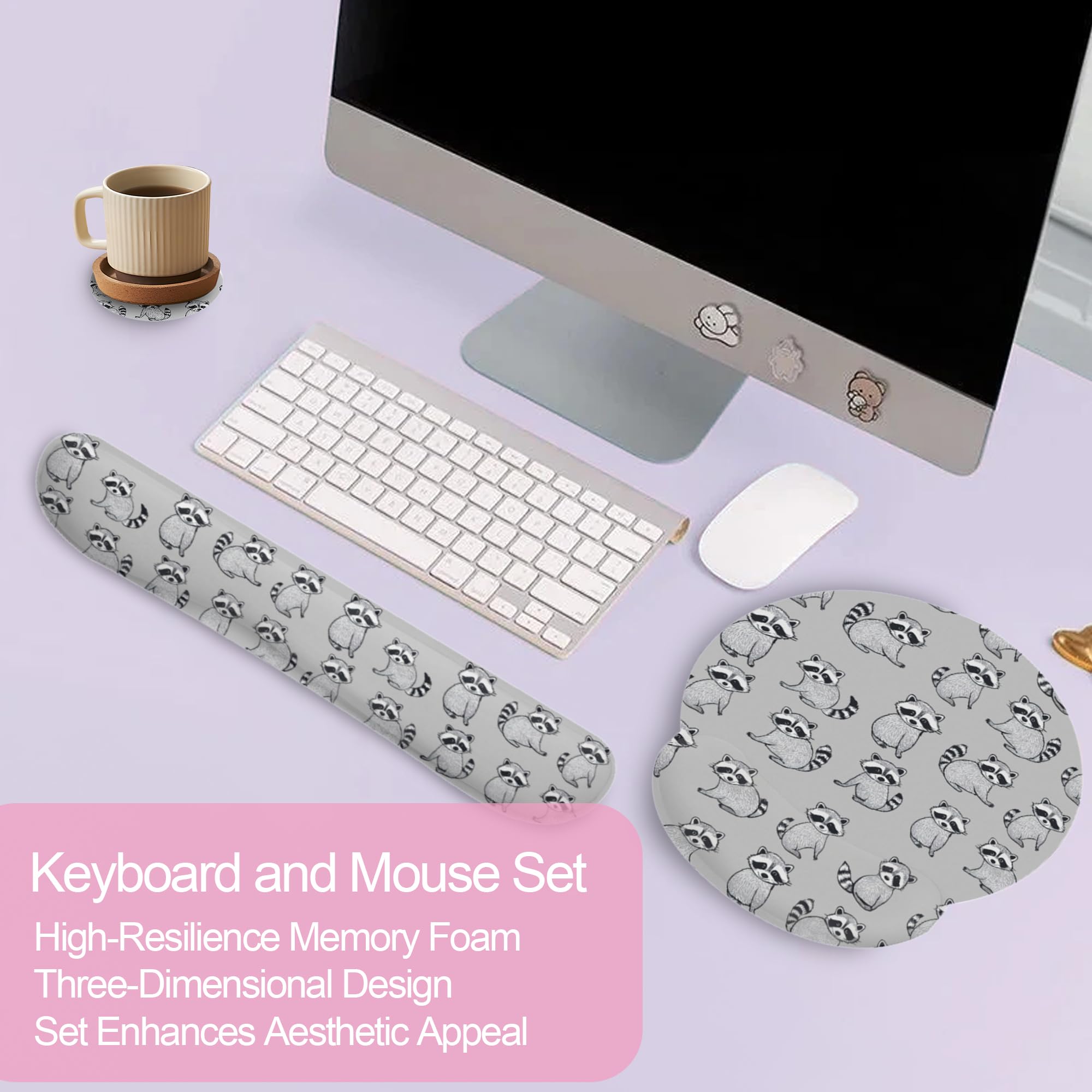 Niedlicher Waschbär Ergonomische Handgelenkstütze Tastatur Maus Handgelenkauflage Set Computer Büro Bequeme Handgelenkauflage für Maus Einfaches Tippen