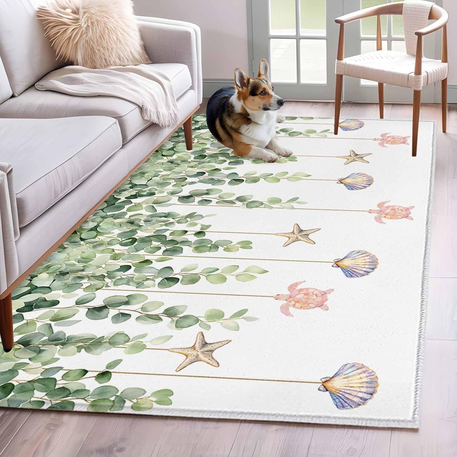 Area Rugs for Living Room, Spring Eucalyptus Leaves Shell Starfish Turtle Non-Slip Rectangular Carpet 2.7′ x 5′ Washable Entryway Indoor Floor Runner Rugs for Bedroom Dining Room Office Home Decor