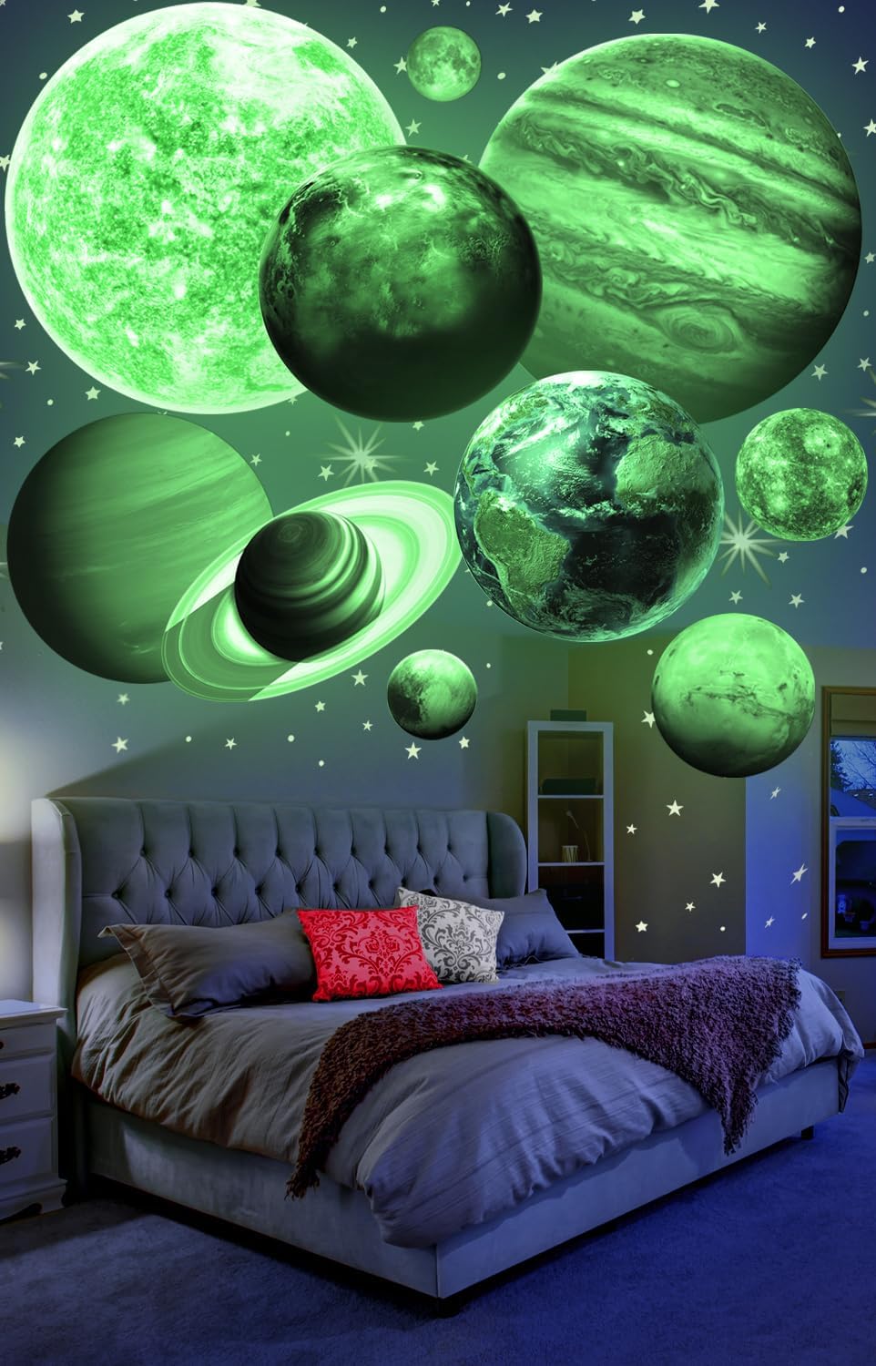 Glow in The Dark Planets, Bright Solar System Wall Stickers -Sun Earth Mars and so on,9 Glowing Ceiling Decals for Bedroom Living Room,Shining Space Decoration for Kids for Girls and Boys