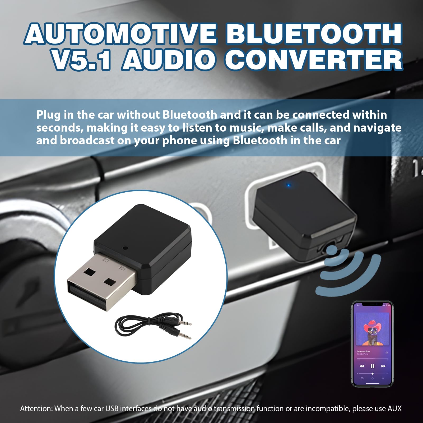 Adattatore USB Bluetooth 5.1 ricevitore per musica e vivavoce, adattatore Bluetooth USB per auto radio con cavo AUX, plug and play con microfono integrato, universale compatibile per auto, PC, TV
