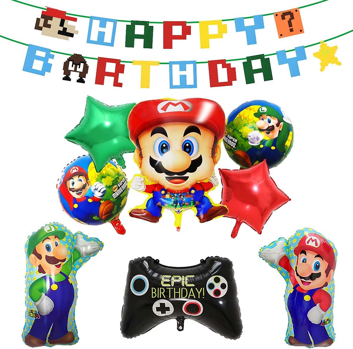 スーパーマリオ 誕生日 飾り付け 風船 バルーン スター パーティー 可愛い Happy Birthdayガーランド ゲームパッド型風船 9点セット 期間限定送料無料