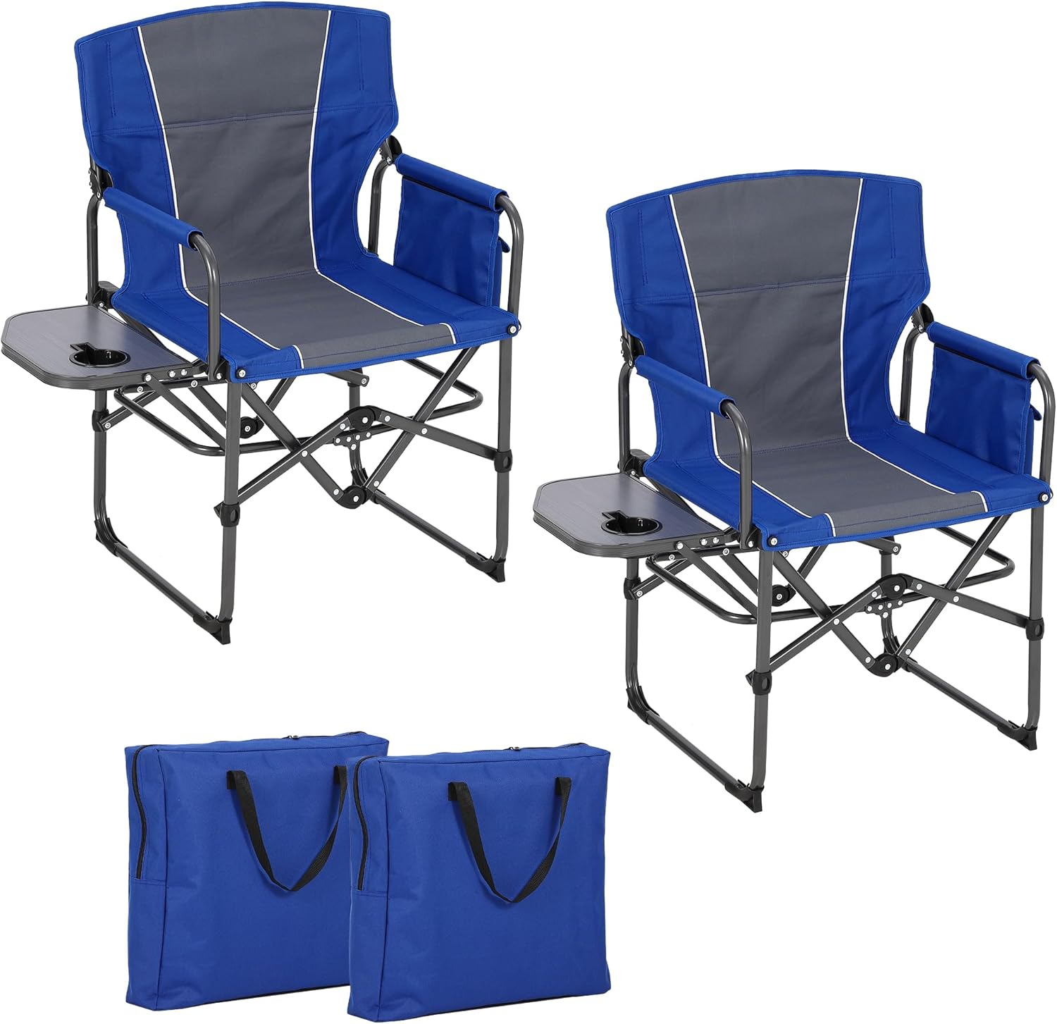Oversized Camping Directors Chair - 2 PCS Heavy Duty Aluminum Foldable Camping Chair with Cup Holders - Portable Lawn Chair with Side Table and Pocket for Adults, Beach, Fishing, Picnic - Blue