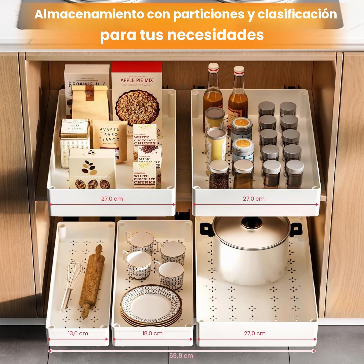 Cajón extraíble para cocina, 40x13.5x7 cm, cajón telescópico de ABS, organizador de armario, cajones deslizantes, estantes para cocina, despensa, sala de estar, baño