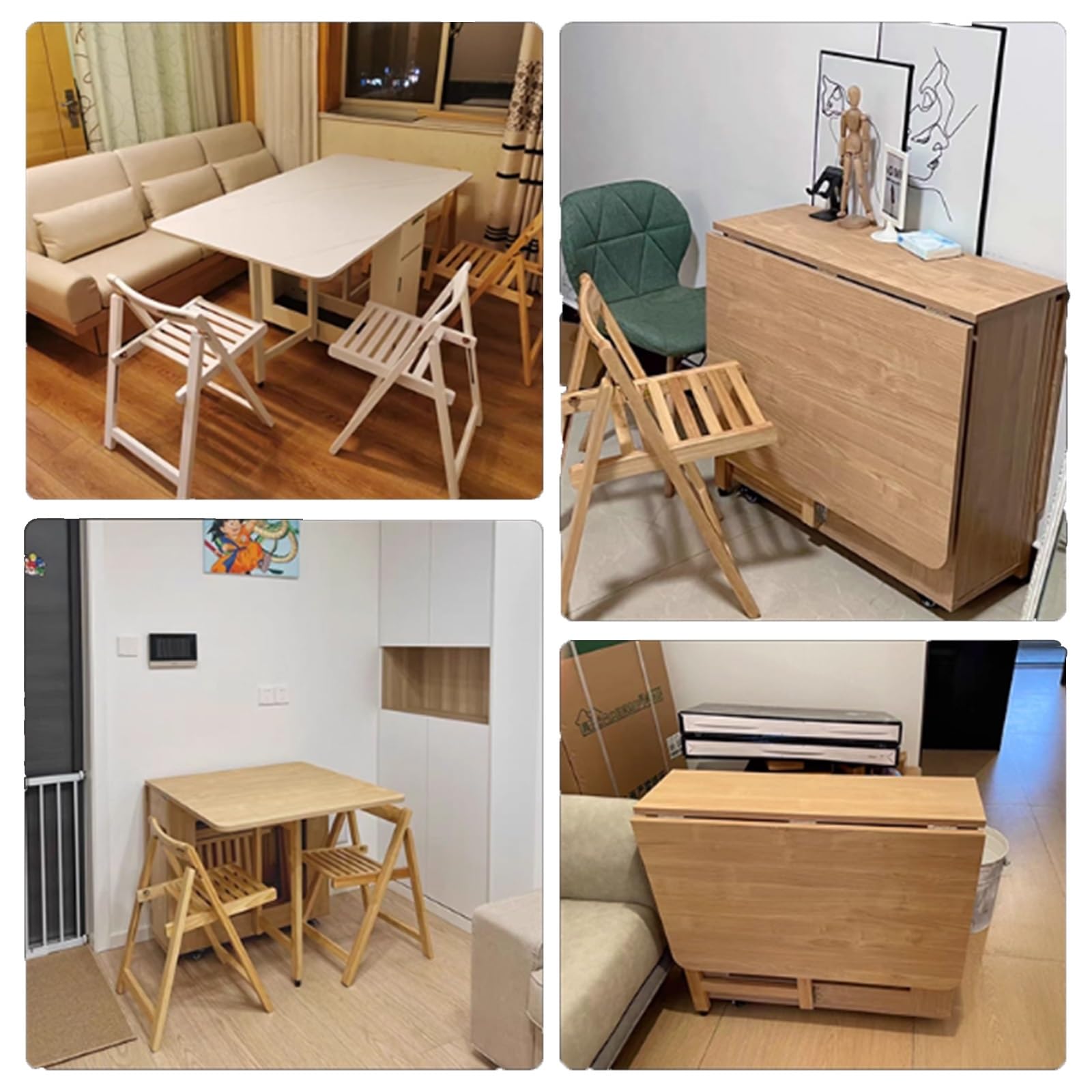 Tavolo pieghevole in legno massello, Set tavolo da pranzo con 4 sedie, Cassetto portaoggetti, bancone della cucina per la sala da pranzo di casa, il soggiorno, salvaspazio
