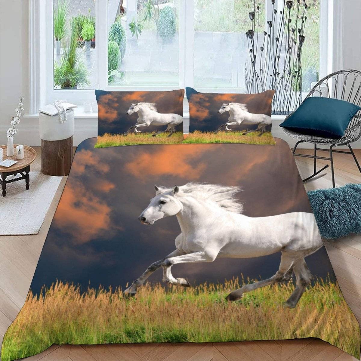 RFFLUX 3D Horse Double Bedding Duvet Cover Set 3 Pieces 200x200 Ultra Soft Microfiber Gallop Horse Comforter Cover with Zipper Easy Care Quilt Cover with 2 Pillowcase for Room Decor — image 1