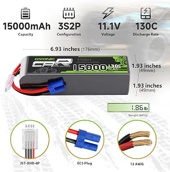 OVONIC 3S LiPo Battery 15000mAh 11.1V 130C RC Battery with EC5 Connector (2 Pack)