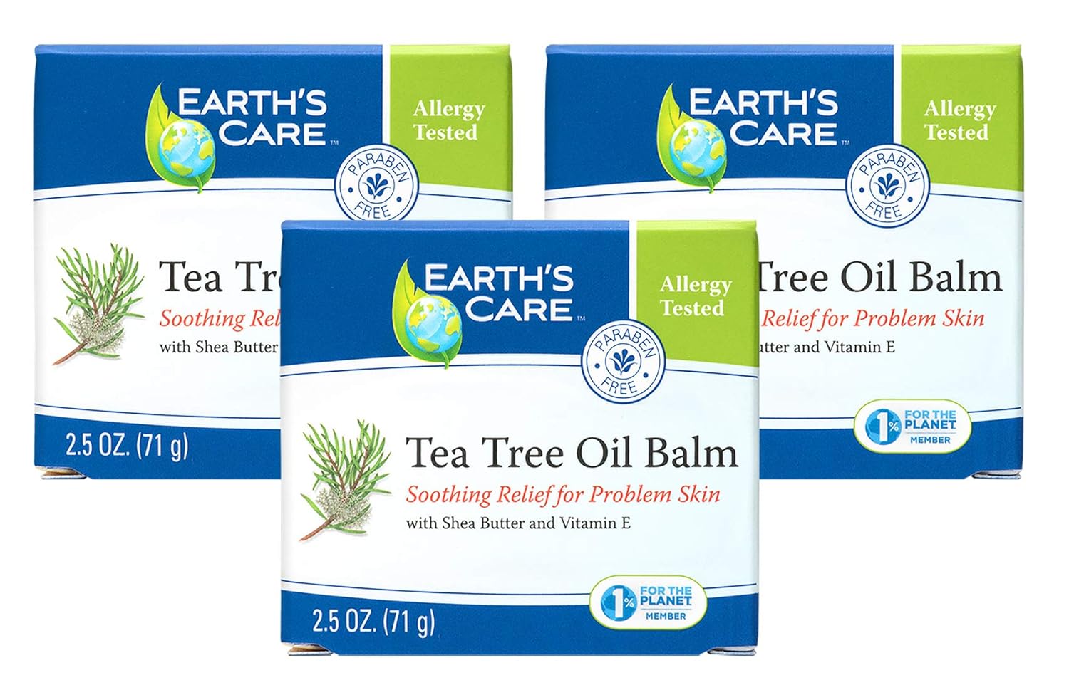 Earth's Care Tea Tree Oil Balm, No Parabens, Colors or Fragrances, Allergy-Tested 2.5 OZ. (3 Pack)
