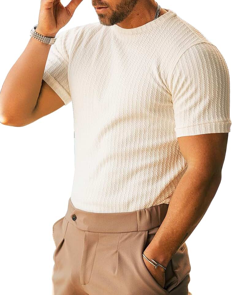 XINGCOOL Men's Ribbed Knit T-Shirts Short Sleeve Casual Crewneck Slim Fit Textured Pullover Tees