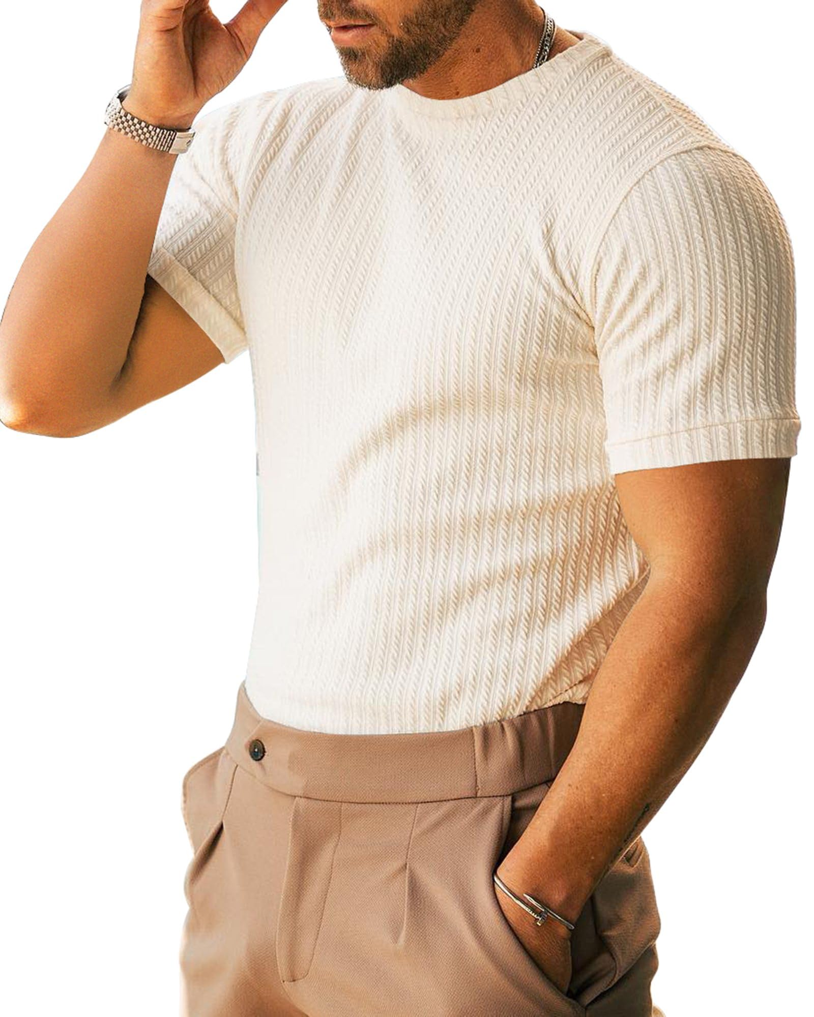 Men's Ribbed Knit T-Shirts Short Sleeve Casual Crewneck Slim Fit Textured Pullover Tees
