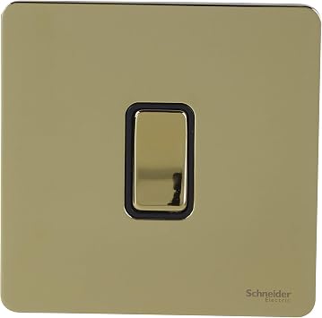 Schneider Electric Ultimate Screwless Flat Plate - Single Retractive 2 Way Light Switch, 16AX, GU1412RBPB, Polished Brass with Black Insert