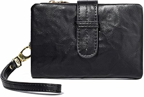 Carteras pequeñas de cuero Rfid para mujer, billeteras dobladas medianas para mujer, cartera compacta y triple plegable con correa para la muñeca,