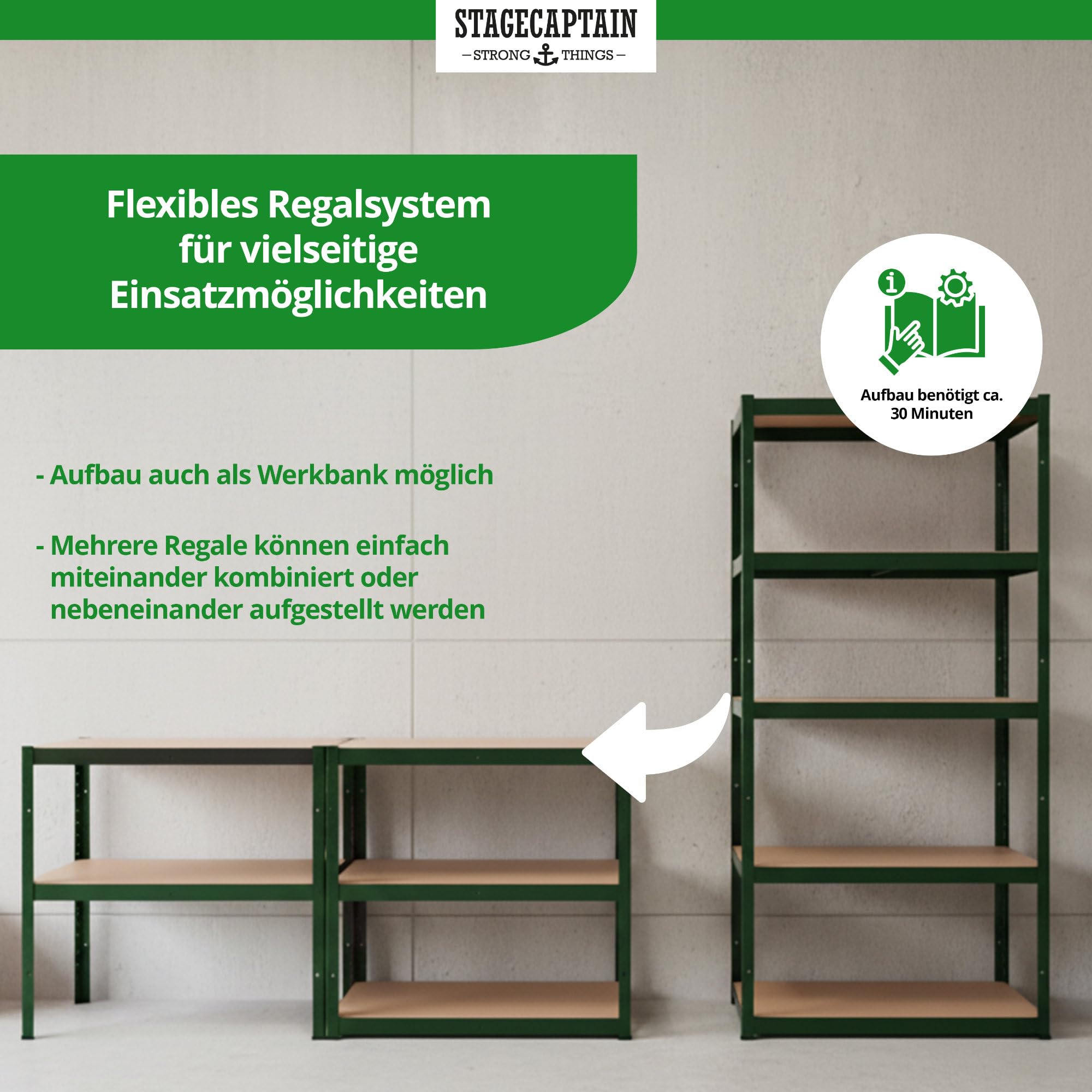 Stagecaptain 2 x zestaw regałów magazynowych Heavyrack – 5 półek do montażu – metal malowany proszkowo – możliwość przebudowy na stół warsztatowy – nośność jednej półki: 175 kg – nośność całkowita 875