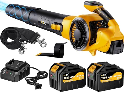 MOK Leaf Blower Cordless, 670CFM Electric Leaf Blowers with 2 x 7.8Ah Batteries and Charger, 3- Speed & Turbo Mode,1 x Rubber-Coated Snow Shovels, 1 x Shoulder Strap, Blowers for Lawn Care