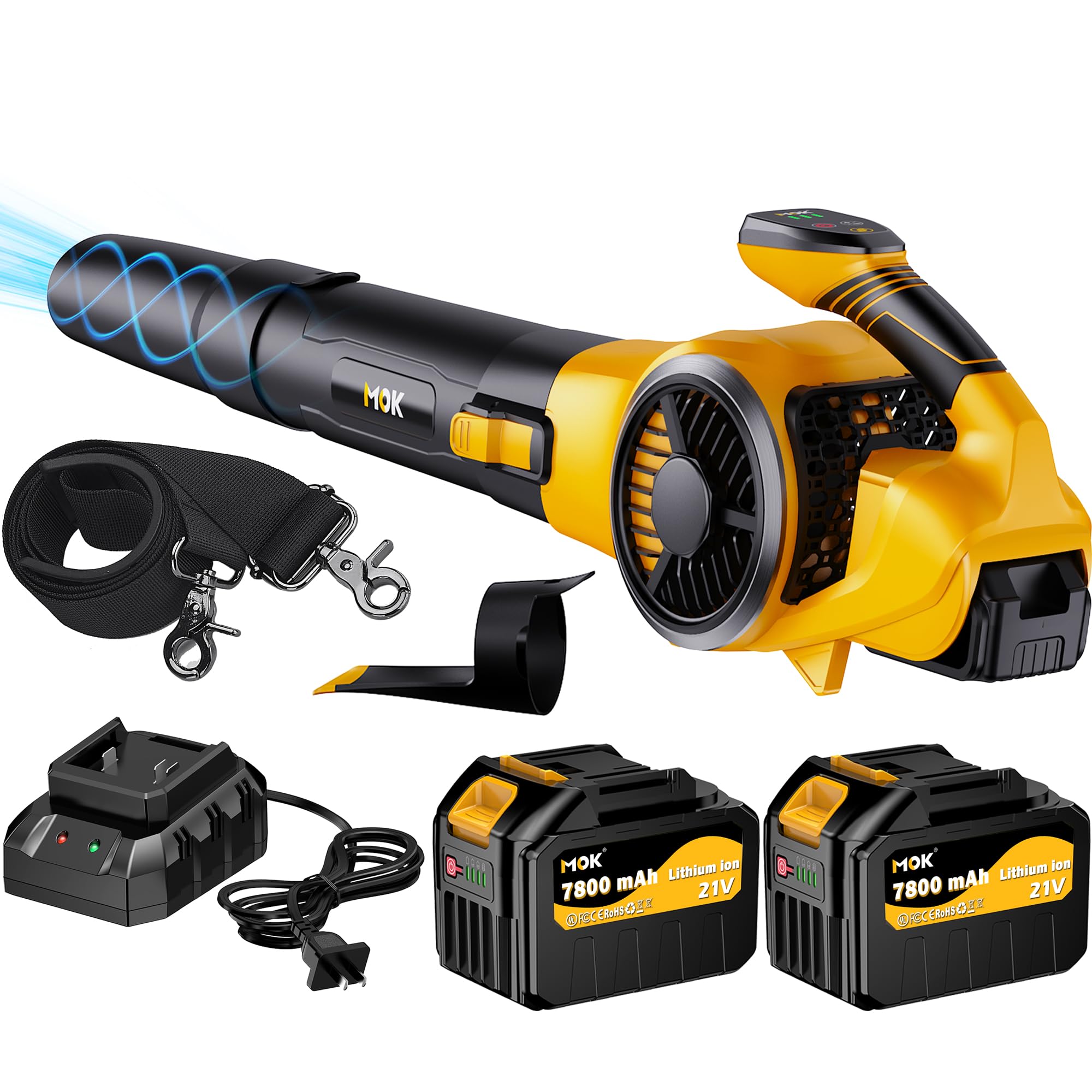 MOK Soffiatore elettrico senza fili con motore brushless, 380 CFM, con 2 batterie da 21 V 7,8 Ah e caricabatterie, 3 velocità variabili e modalità turbo, soffiatore per la cura del prato, pulizia del