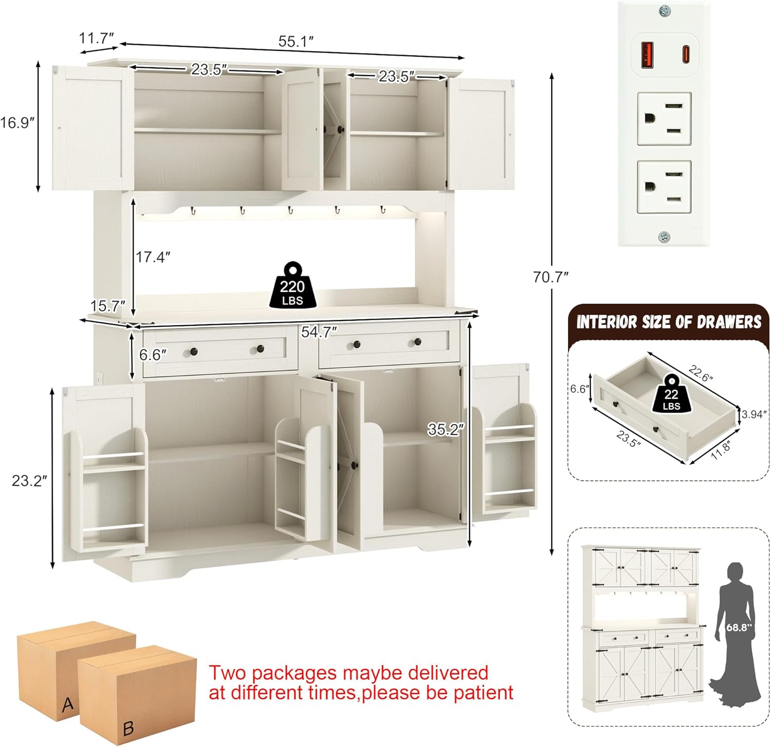 71" Tall Large Pantry Storage Cabinet w/Power Outlet,55" Wide Farmhouse Kitchen Hutch Storage Cabinet w/Barn Doors,2 Drawer,Large Countertop,LED Light,Rustic Coffee Bar,6 Hooks,8 Doors Shelves,White