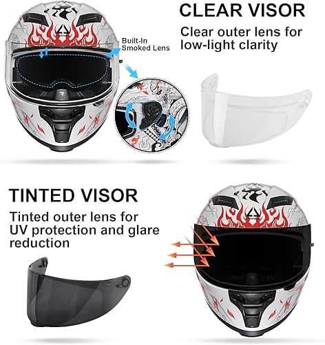 Miniatura 3 de TRIANGLE Cascos de motocicleta de cara completa para adultos, hombres y mujeres, doble visera con protector solar interno aprobado por DOT (blanco