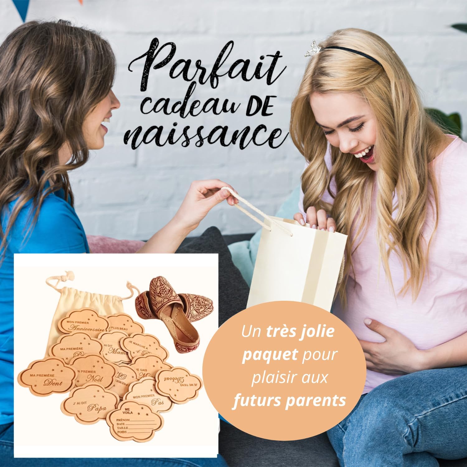 French Wooden Baby Step Cards – 26 Moments from Birth to 1 Year on 13 Cloud-Shaped Discs Engraved on Both Sides – Baby Milestone Photo Props – Parents to Be Gift – Baby Shower