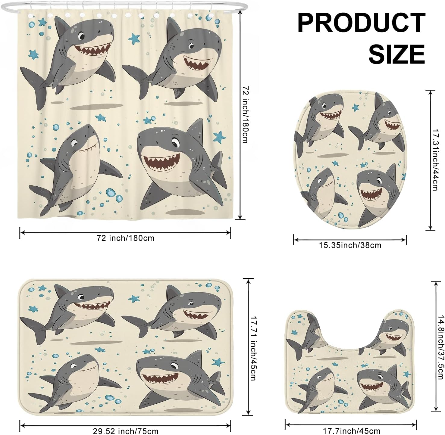 4PCS Kids Cute Shark Bathroom Sets, Bath Accessory with Non-Slip Rug, U Shape and Toilet Lid Cover Mat, Simple Fun Cartoon Ocean Bathroom Decor-72''x72''