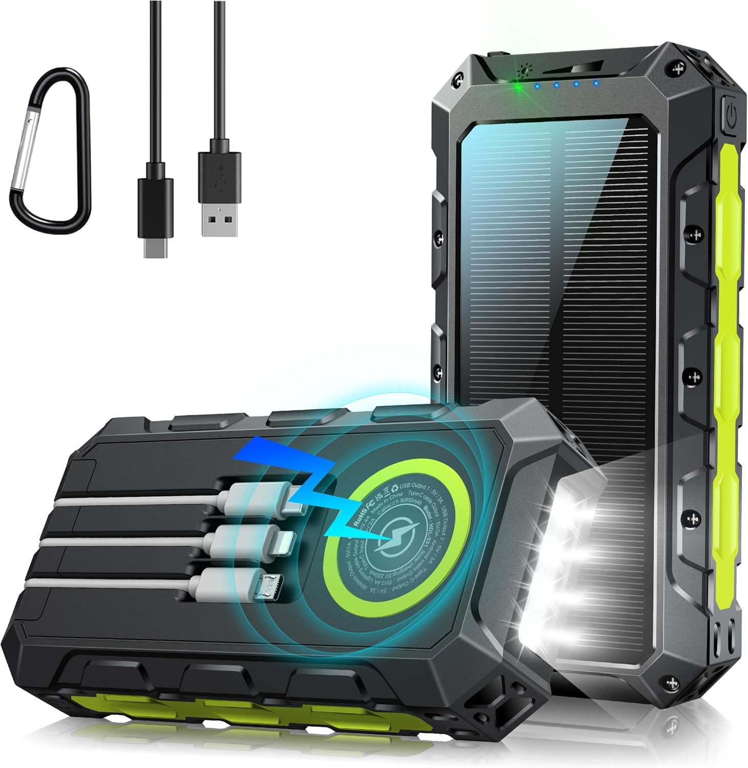 52800mAh Solar Power Bank con Carga Inalámbrica: Batería Externa de Carga Rápida de PD30W con 3 Cables 7 Salidas, Linterna LED y Pantalla Indicadora, Ideal para Camping y Actividades al Aire Libre