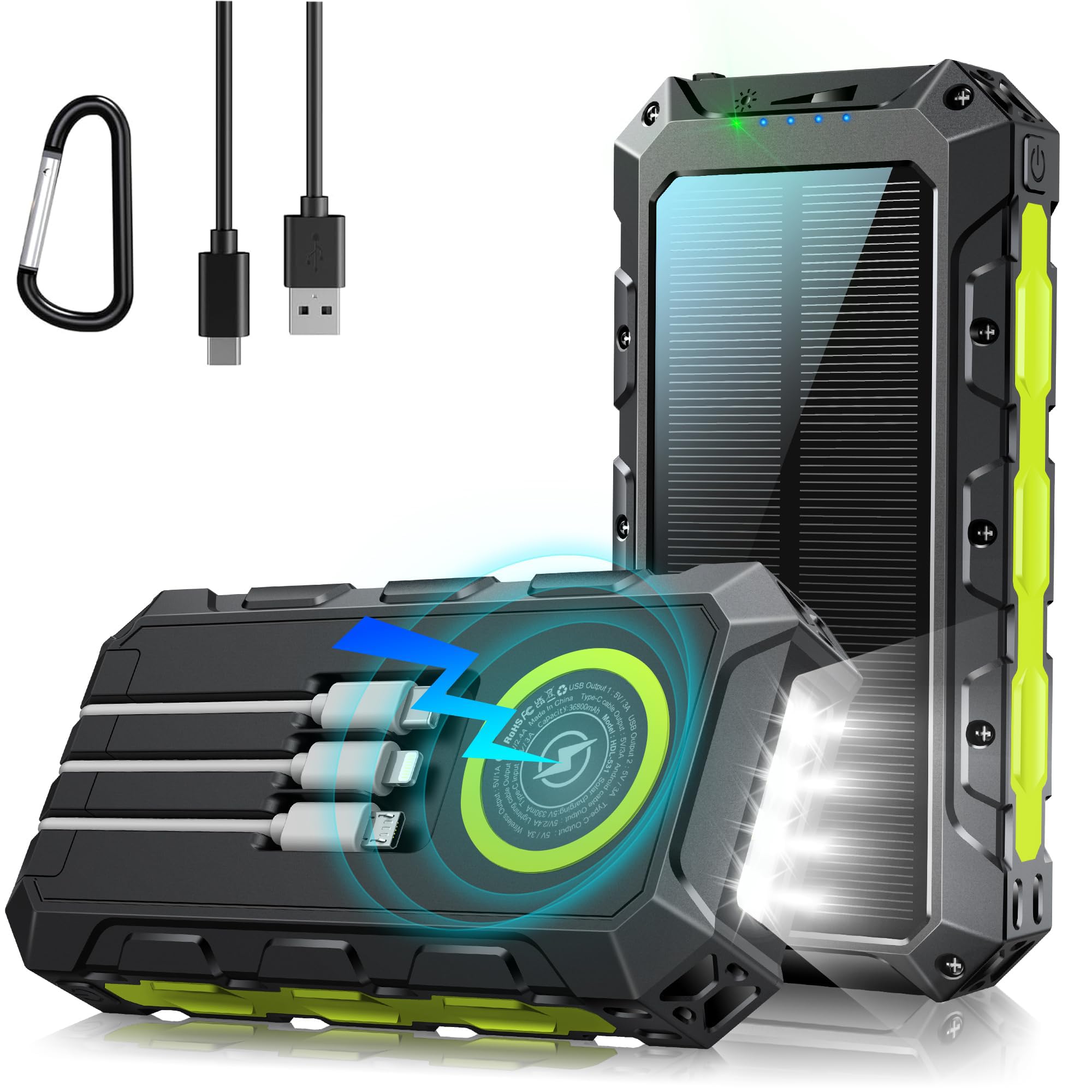 52800mAh Power Bank Solare 30WPD con Cavi Integrati Ricarica Rapida | Batteria Esterna Powerbank 7 Uscite Torcia LED Display Digitale, Ideale per Campeggio e Attività Outdoor