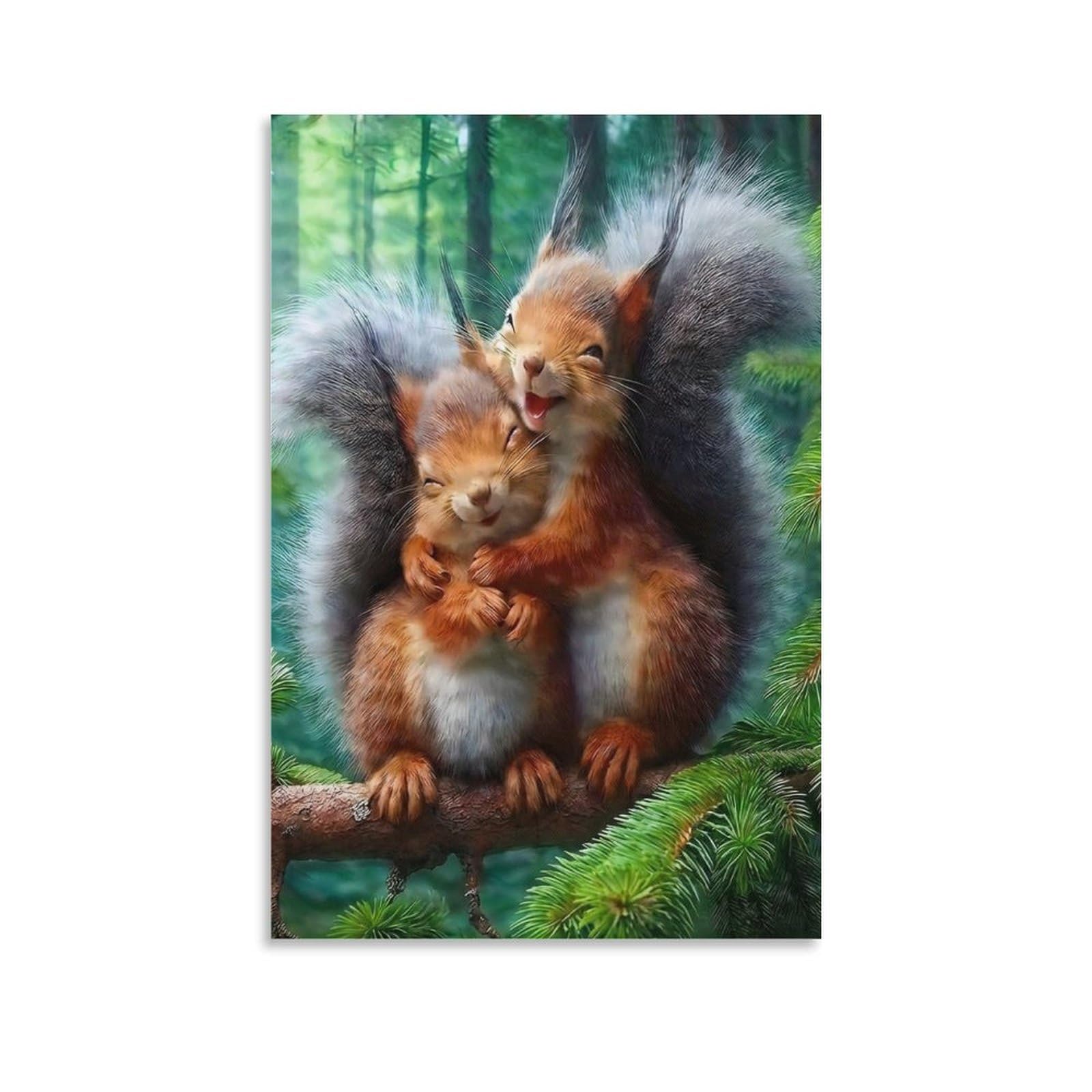 DHBANEIOK Cute Squirrel Hug Scene Poster Artwork Canvas Prints Picture Modern Canvas Wall Art Picture Wall Hanging for Living Room Bedroom Home Decorations 08x12inch(20x30cm)