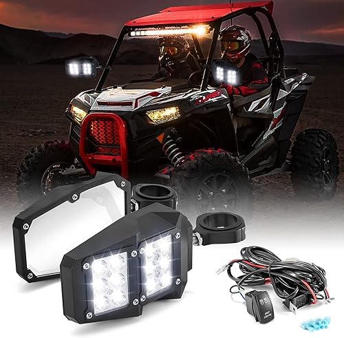 WeiSen Espejos retrovisores laterales UTV con luces LED con cableado de 1.75 a 2 pulgadas, jaula de rollo compatible con Polaris RZR Ranger Talon