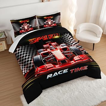 Red Race Car Bedding Comforter Set Twin Size with 2 Pillowcases.