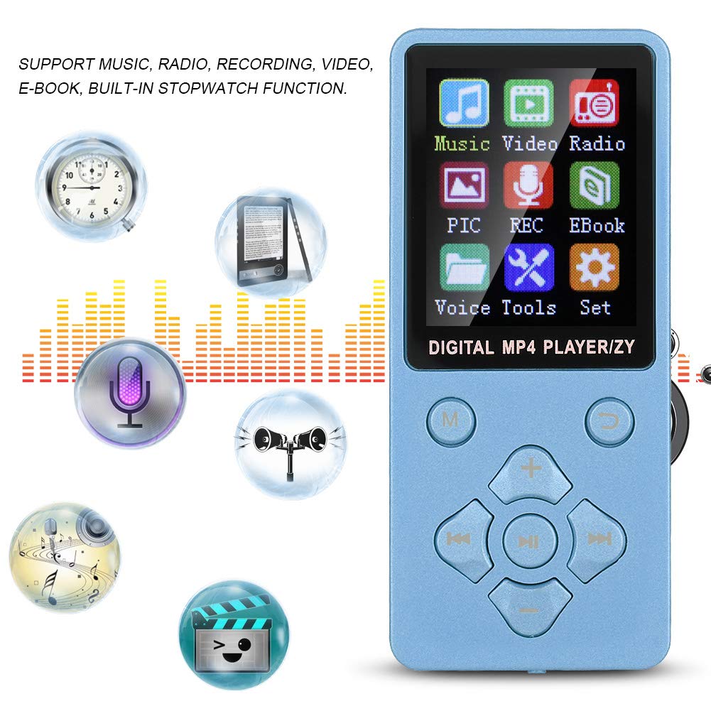 MP3 Player, MP4 Music Player, MP3 Music Player with Bluetooth, T1 Music MP3 MP4 Player 8G Bluetooth Support 32G Memory Card Cross Shaped Buttons (Blue)