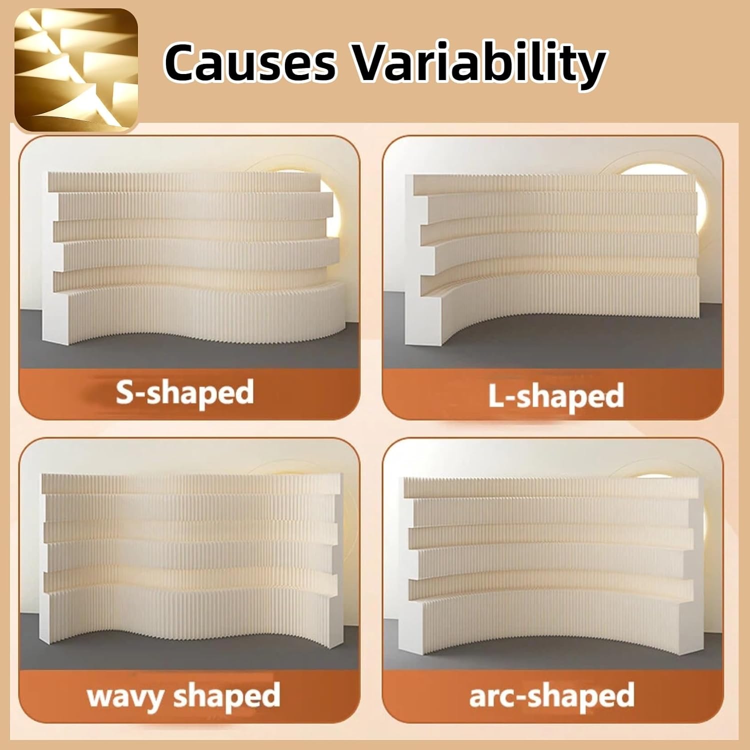 Paper Room Divider Wall, Portable Partition Wall with LED Light, Folding Privacy Screens with Storage Shelf, Office Dividers Partition(300x52x220cm-3 Layer)