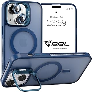 Babilden iPhone için Kılıf Kamera Korumalı Magsafe Wireless Şarj Özellikli Mat Şeffaf Renkli Standlı Kılıf (Lens Hediyeli) (Lacivert, iPhone 13)